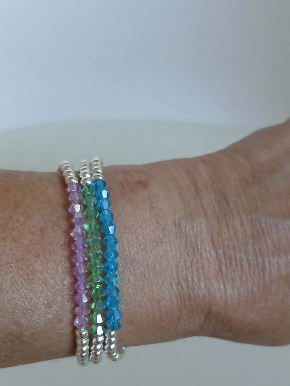 Set Of 3 Silver Filled Crystal Glass Beaded  Bracelets- Lavendar! Green & Blue
